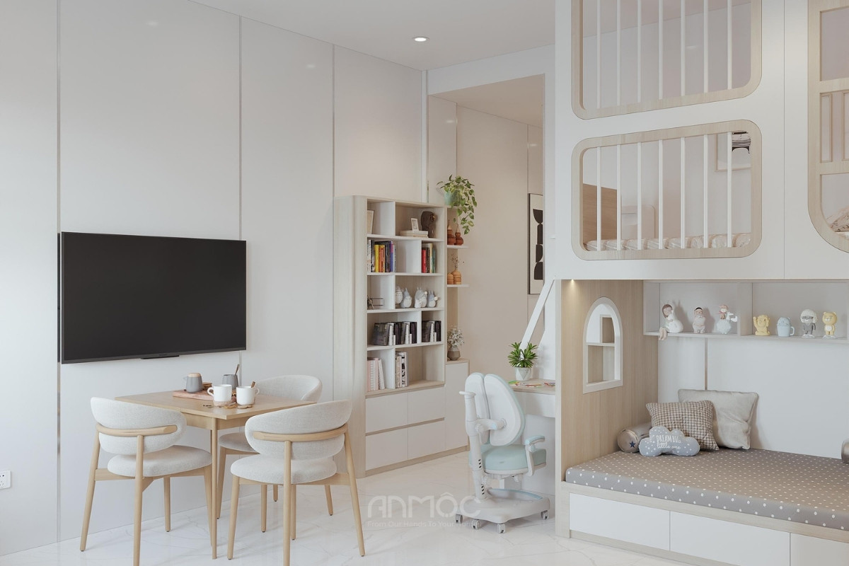 Bộ bàn ăn gỗ nhỏ gọn được đặt trong phòng khách mang đến sự tiện nghi