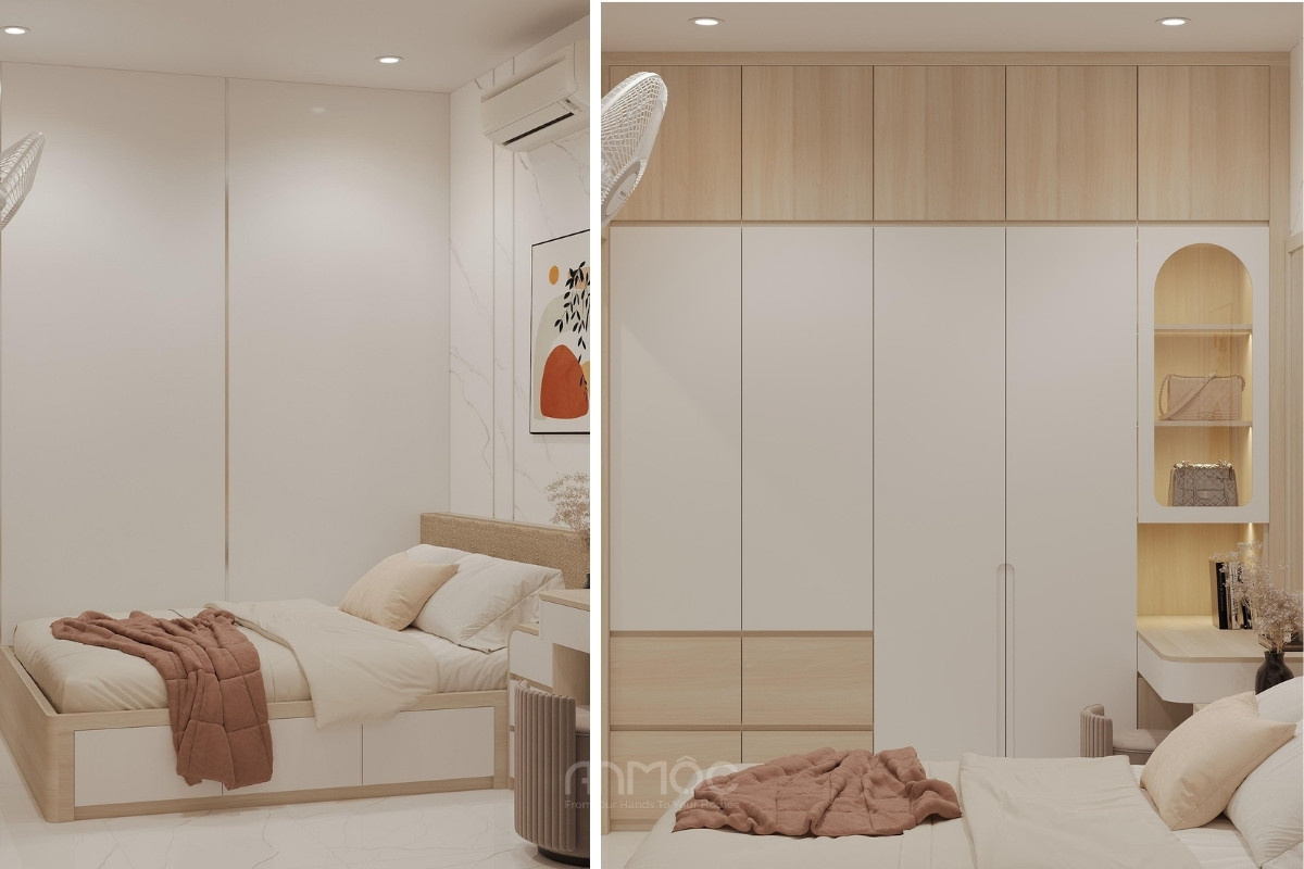 Bục giường có ngăn kéo lưu trữ kết hợp tủ quần áo thiết kế kịch trần, tối ưu diện tích phòng ngủ
