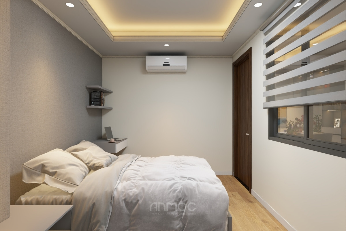 Cửa sổ lớn kết hợp rèm cầu vồng trắng, tạo sự thông thoáng cho không gian phòng ngủ