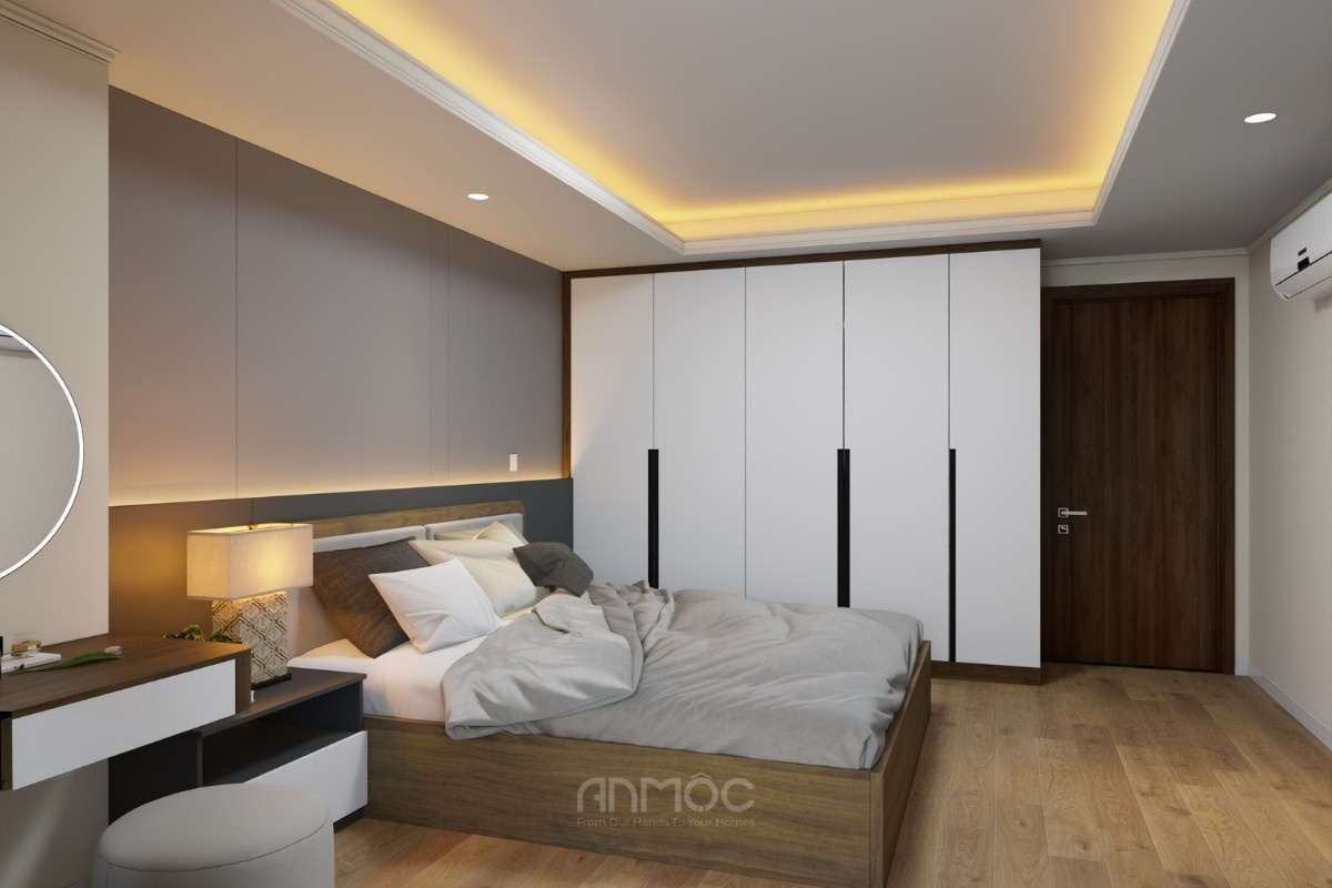 Giường bục vân gỗ veneer, vách panel xám phẳng và hệ thống trần hắt sáng vàng