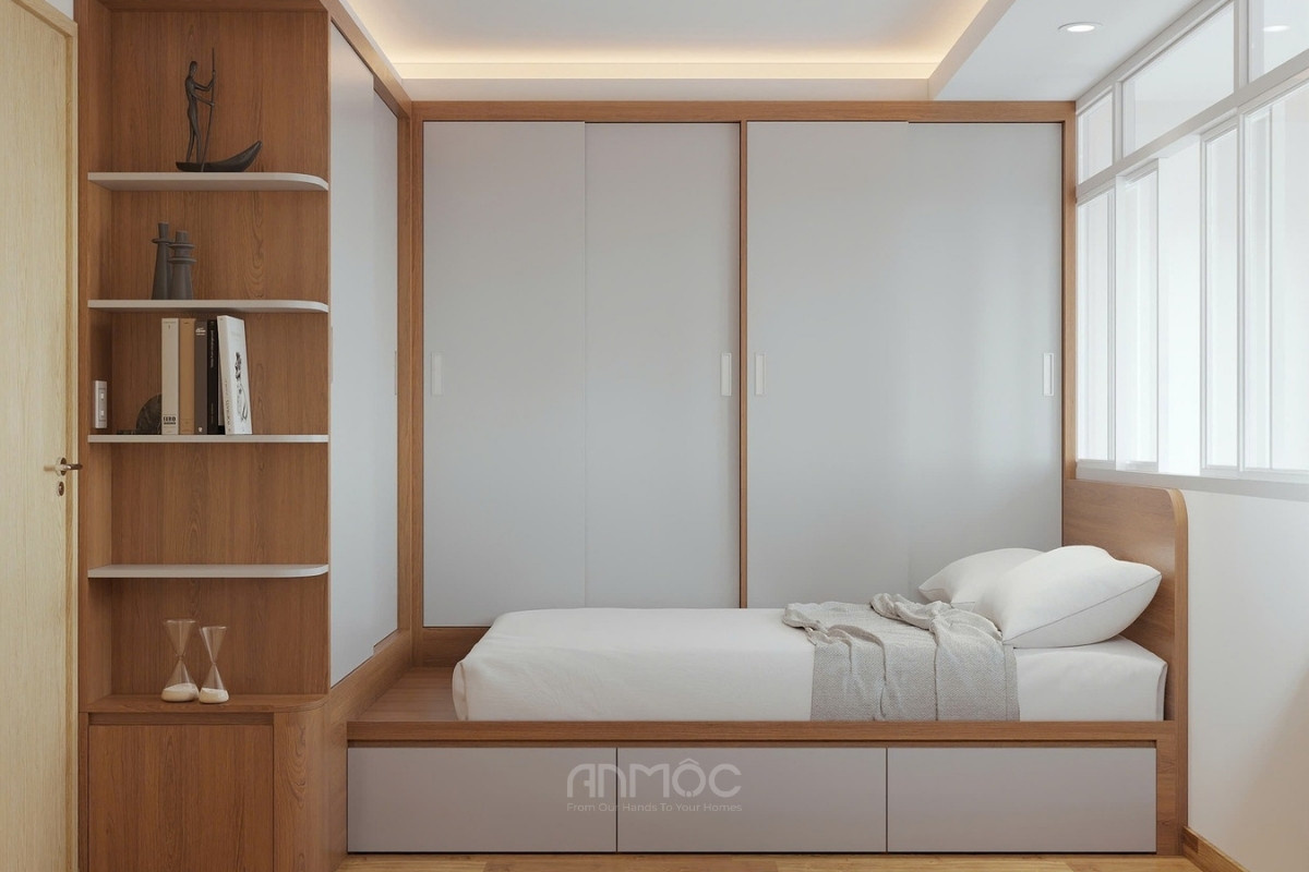 Giường ngủ bục vân gỗ sáng tích hợp ngăn kéo giúp tối ưu không gian