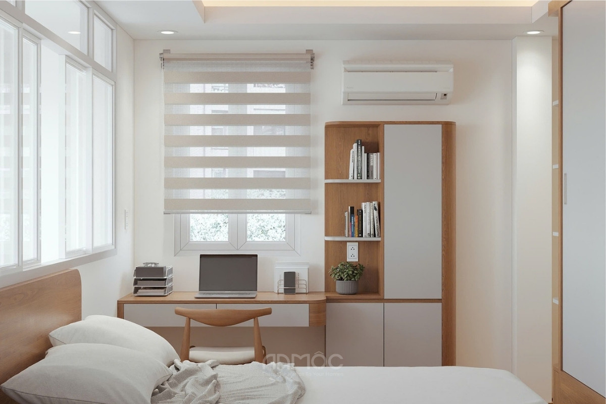 Góc làm việc bằng gỗ sáng màu kết hợp kệ sách tiện dụng