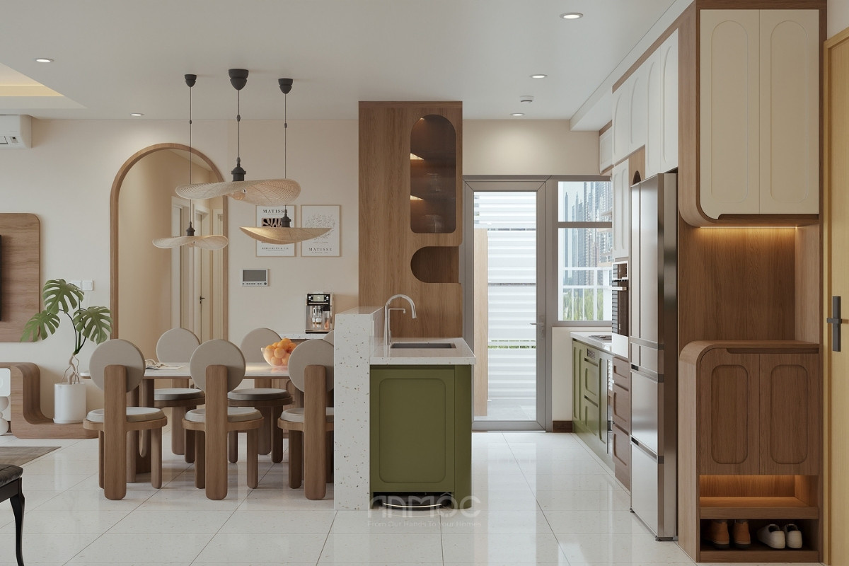 Góc nhìn từ cửa ra vào hướng vào không gian phòng bếp