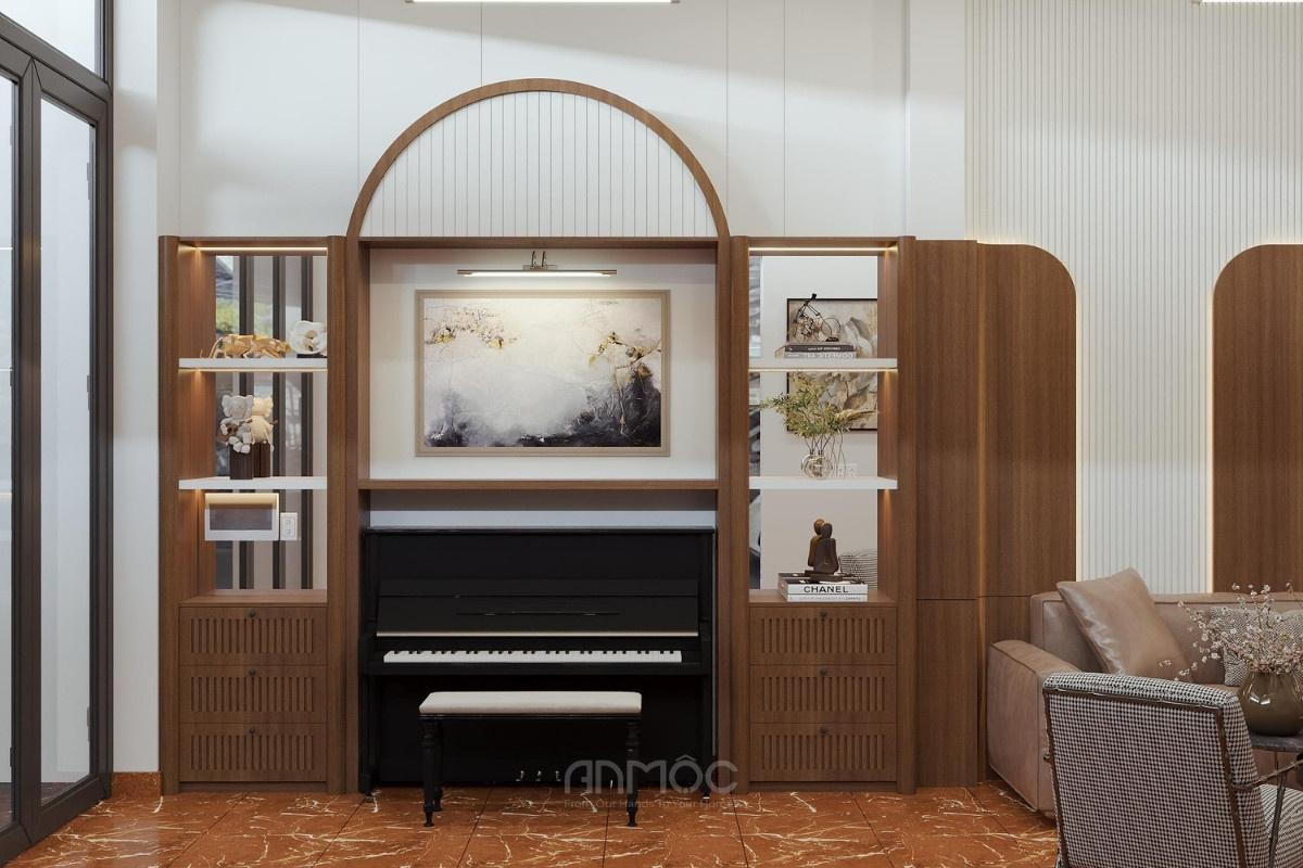 Góc phòng nổi bật với đàn piano đen bố trí tinh tế giữa hệ tủ gỗ