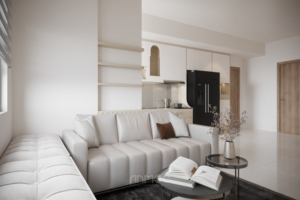 Hệ ba kệ gỗ sáng đơn giản phía sau sofa để trưng bày đồ trang trí