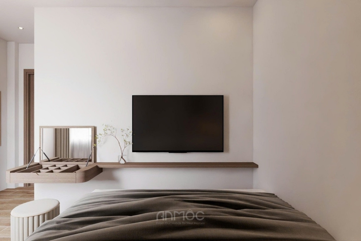 Kệ tivi treo tường tích hợp với bàn trang điểm gọn gàng tiết kiệm diện tích