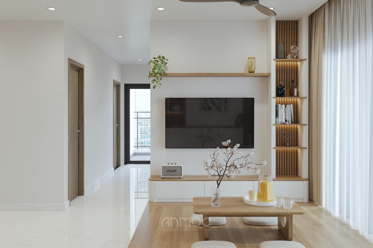 Không gian tiếp khách Japandi ấm cúng với nội thất gỗ sáng, bàn trà thấp