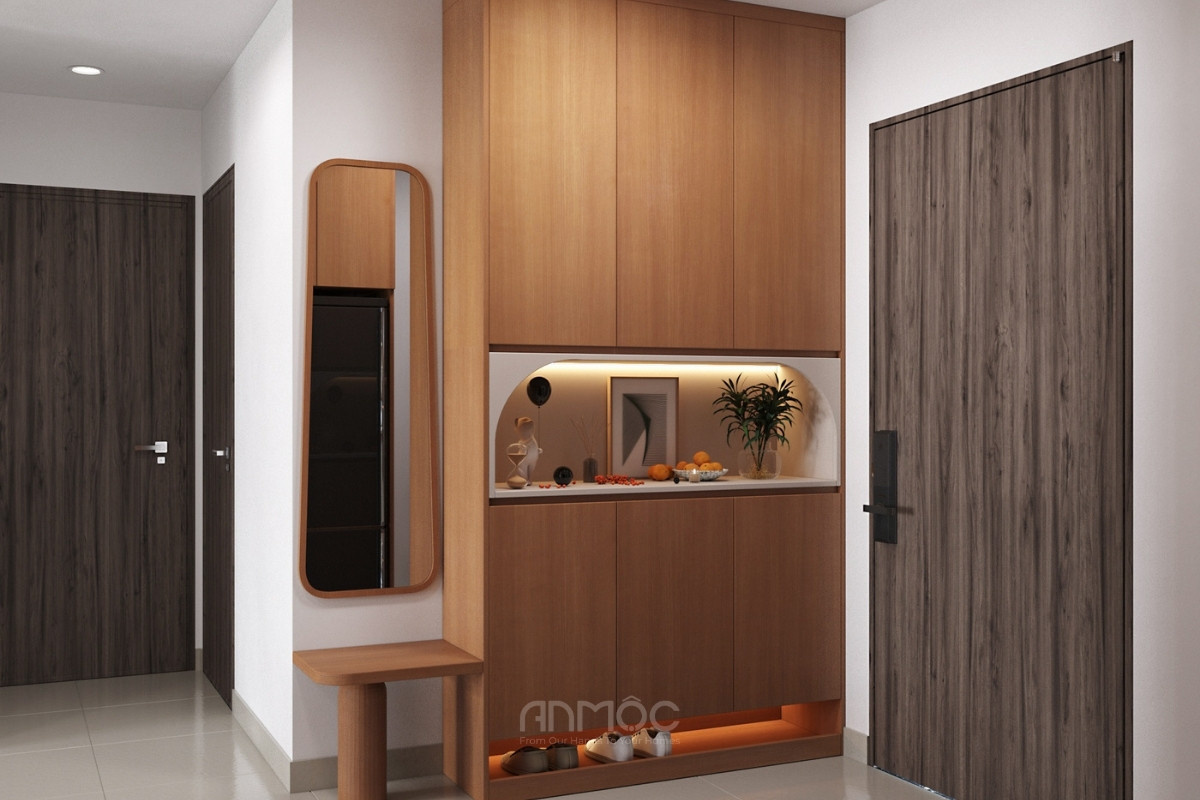 Mẫu tủ giày gỗ kịch trần, tích hợp ngăn lưu trữ kín, khoang trưng bày có đèn LED, bệ ngồi xỏ giày và gương soi tiện lợi