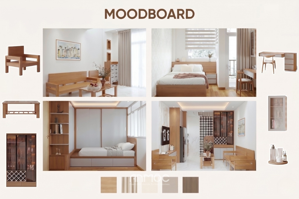 Moodboard nội thất nhà phố Quận 8 với các tông màu trầm và ấm áp