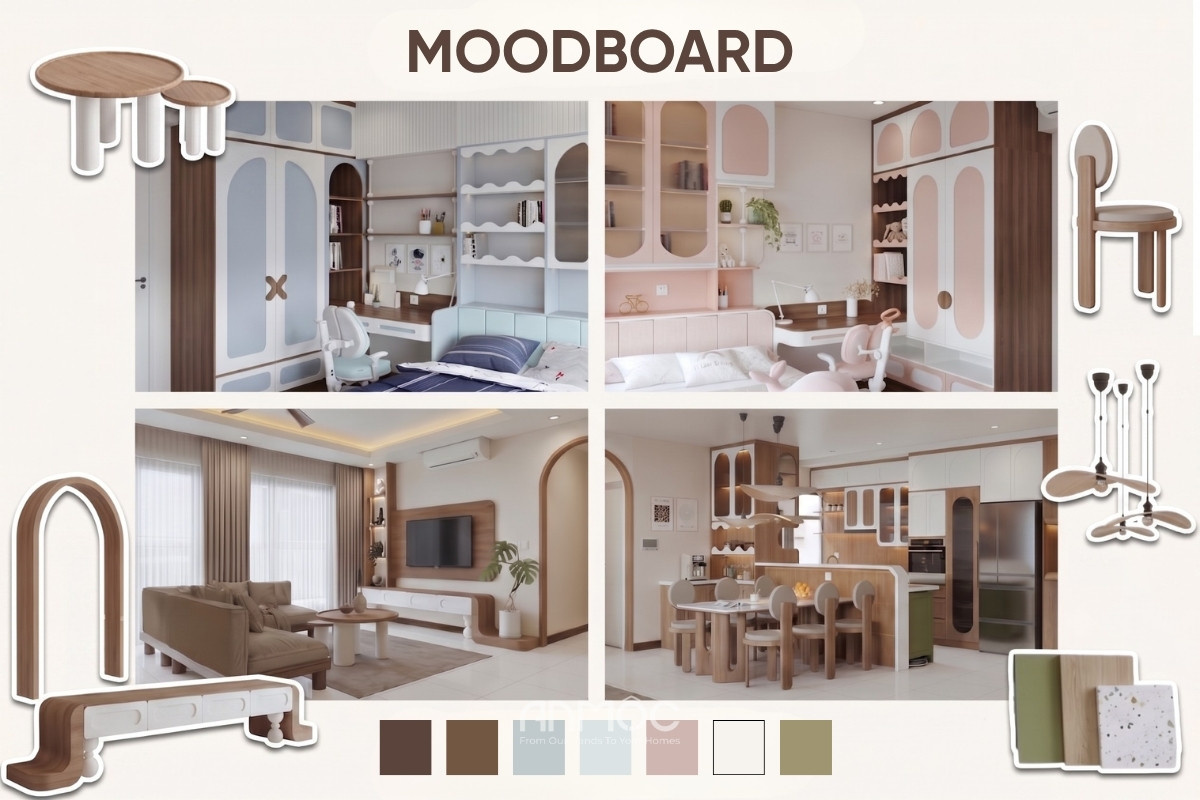 Sofa góc chữ L màu taupe, hệ tủ trang trí xanh olive và rèm cửa sổ lớn