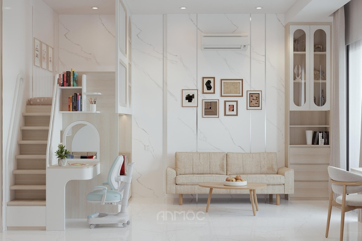 Nội thất phòng khách hiện đại với vách đá marble, sofa kem và bàn trà gỗ ấm cúng