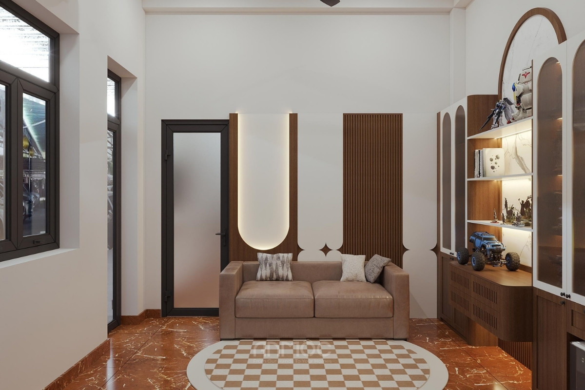 Phòng giải trí hiện đại với sofa màu nâu, vách ốp gỗ trang trí và hệ tủ trưng bày kịch trần kết hợp đèn LED