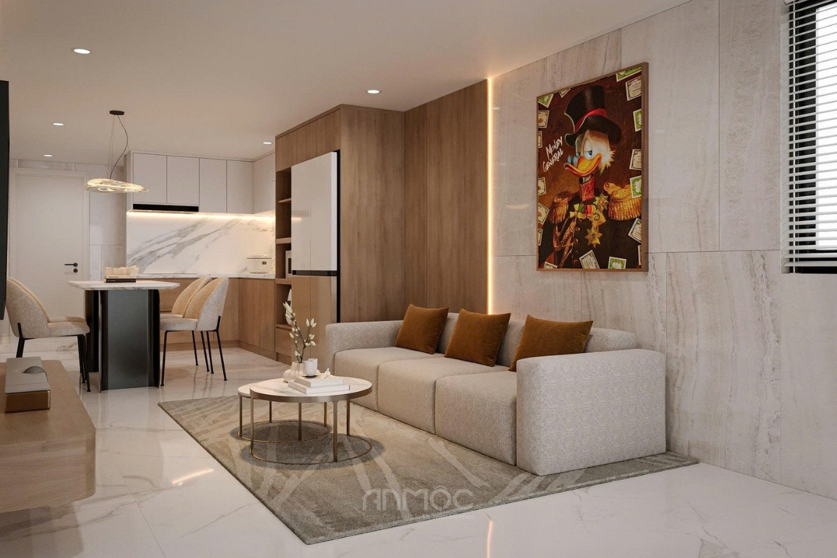 Phòng khách được thiết kế hài hòa với vách sofa kết hợp giữa mảng ốp gỗ ấm áp và tường đá marble sang trọng