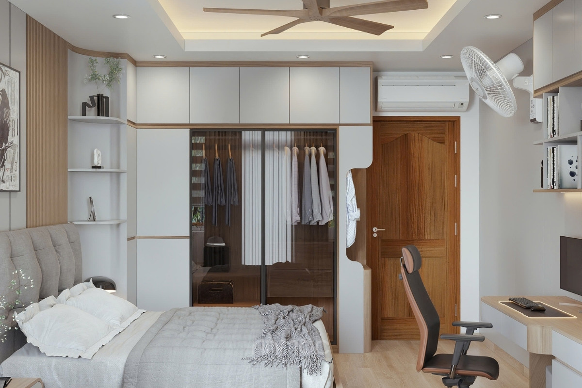 Phòng ngủ với tủ quần áo kịch trần, giường ngủ, bàn làm việc và hệ tủ lưu trữ tiện dụng