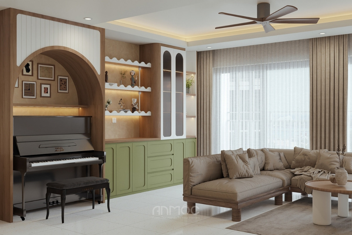 Sofa góc chữ L màu taupe, hệ tủ trang trí xanh olive và rèm cửa sổ lớn