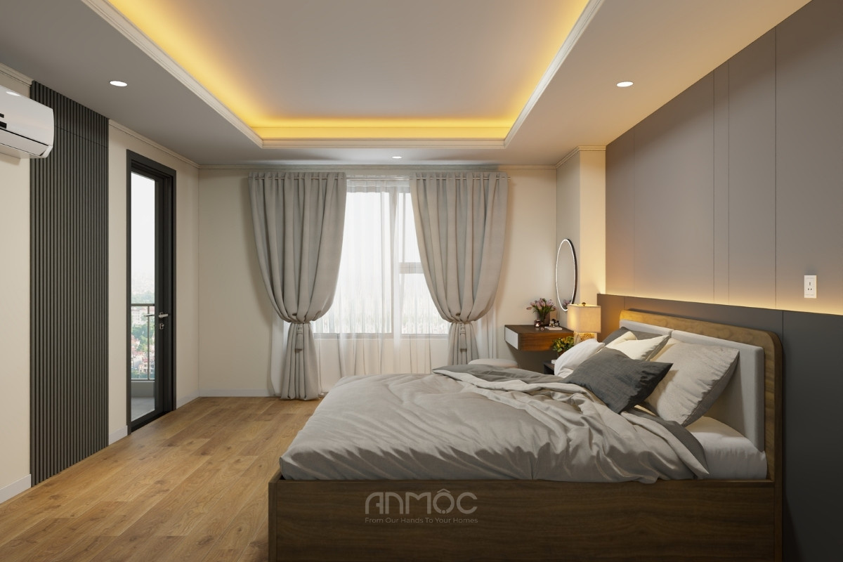Sự kết hợp giữa tông màu xám thanh lịch, nội thất gỗ mộc mạc cùng ánh đèn vàng mang lại cảm giác vô cùng ấm cúng, thư giãn