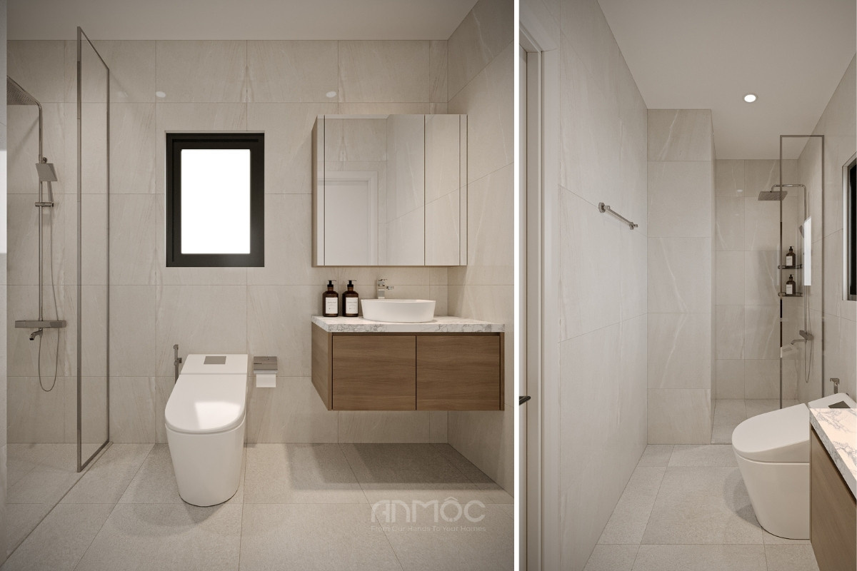 Tổng thể nội thất phòng tắm ở tầng 2