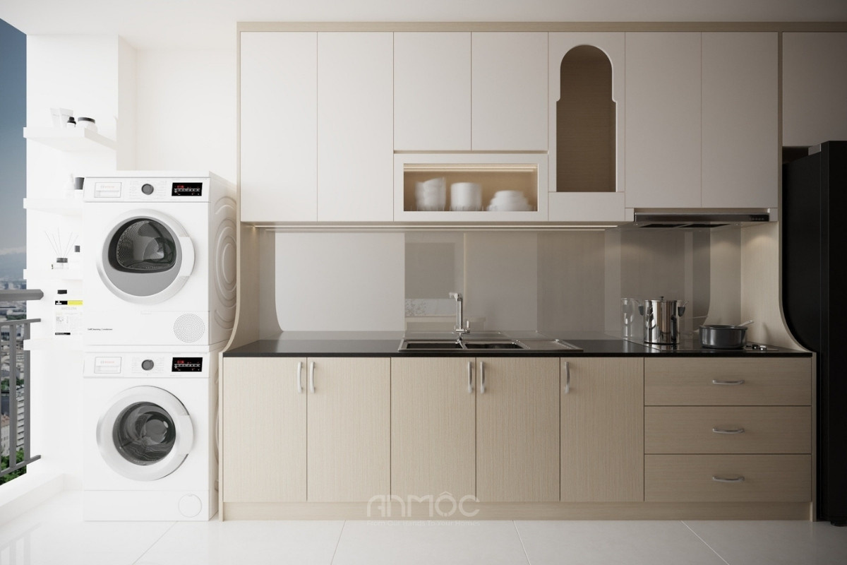 Tủ bếp thiết kế chữ I màu trắng, be hiện đại
