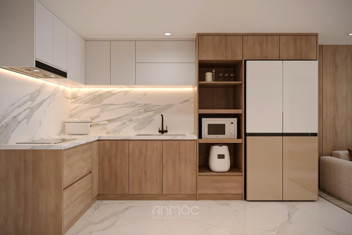 Tủ bếp thiết kế kiểu chữ L, kịch trần