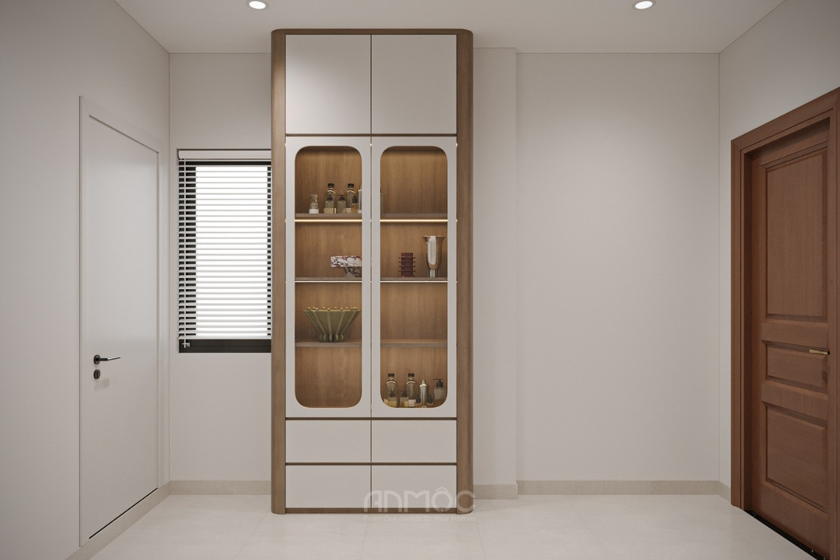 Tủ đồ trang trí cánh kính sang trọng kết hợp đèn LED tinh tế đặt ở hành lang tầng 2