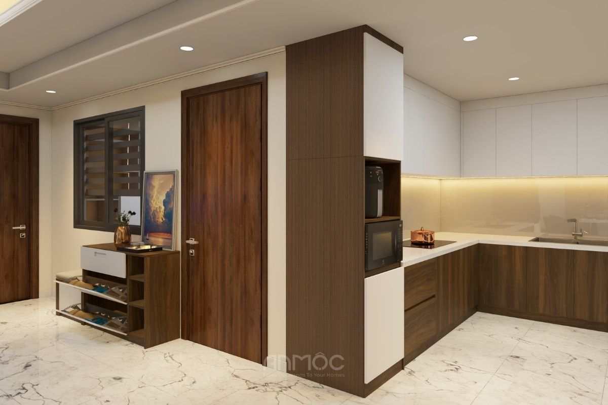 Tủ giày đa năng gỗ kết hợp màu trắng, có ngăn kéo và nhiều kệ mở để sắp xếp gọn gàng