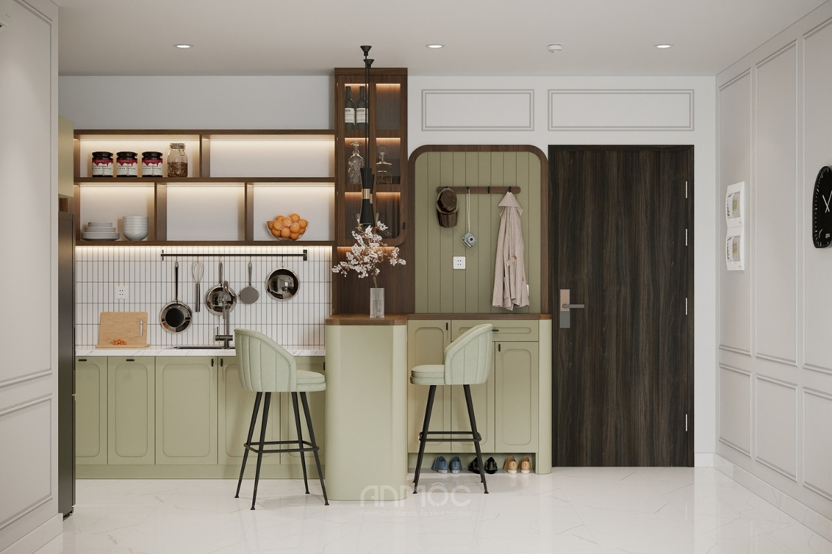 Tủ giày kết hợp khu vực treo đồ tiện dụng được bố trí bên cạnh bàn đảo