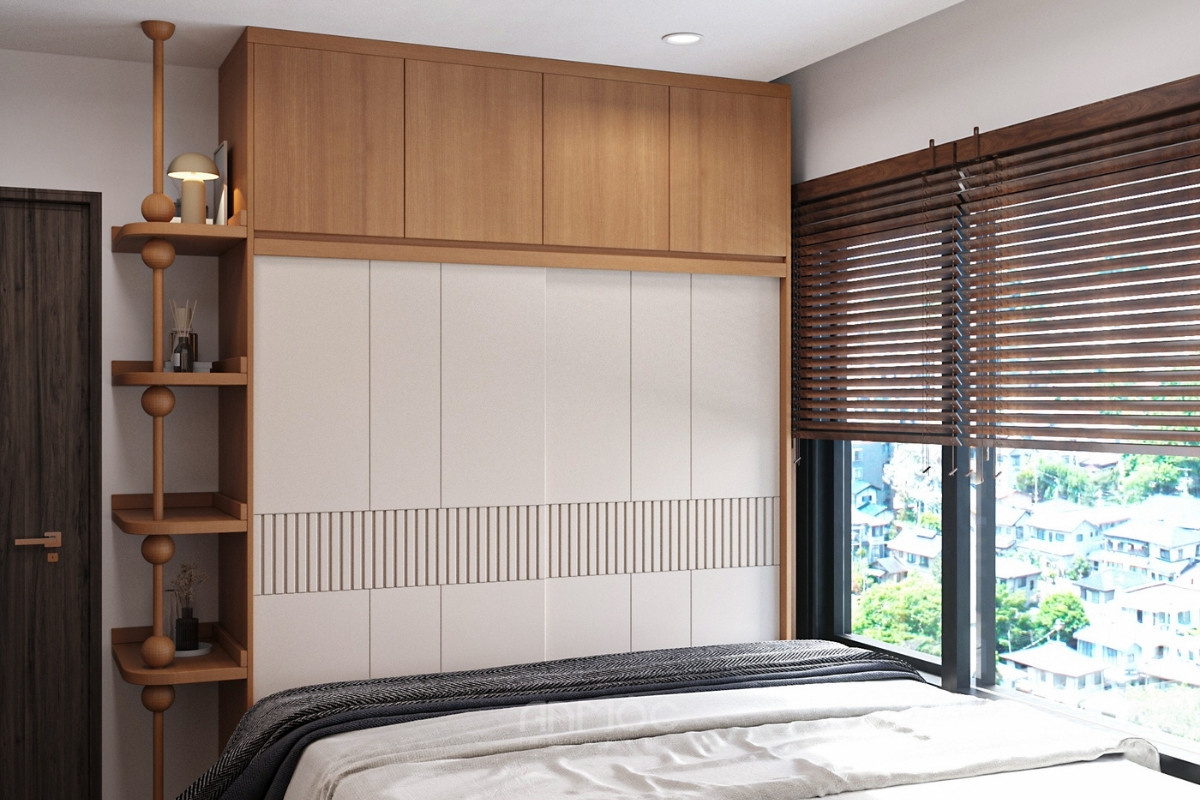 Tủ quần áo 2 bố trí dưới chân giường thiết kế tích hợp kệ trang trí thông mình