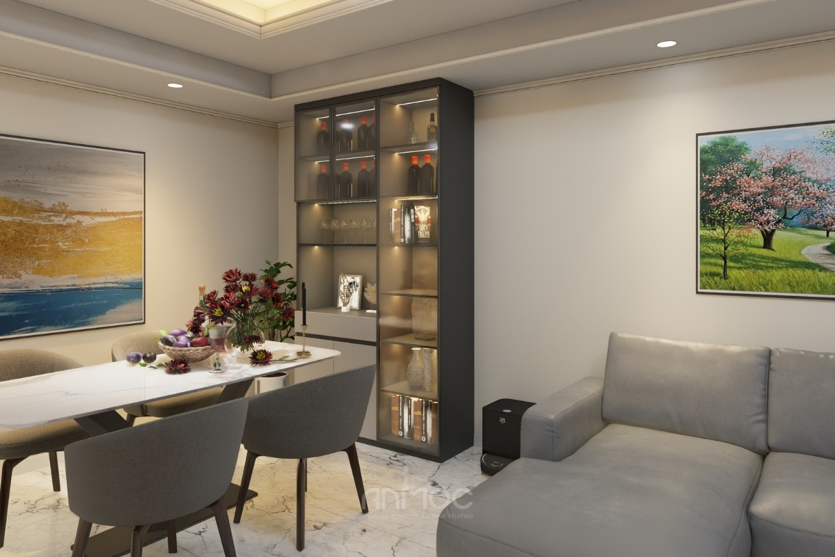 Tủ rượu hiện đại kịch trần kết hợp đèn LED sang trọng đặt tại góc phòng khách tinh tế