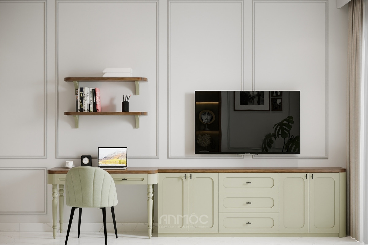 Tủ tivi tích hợp với bàn làm việc tân cổ điển