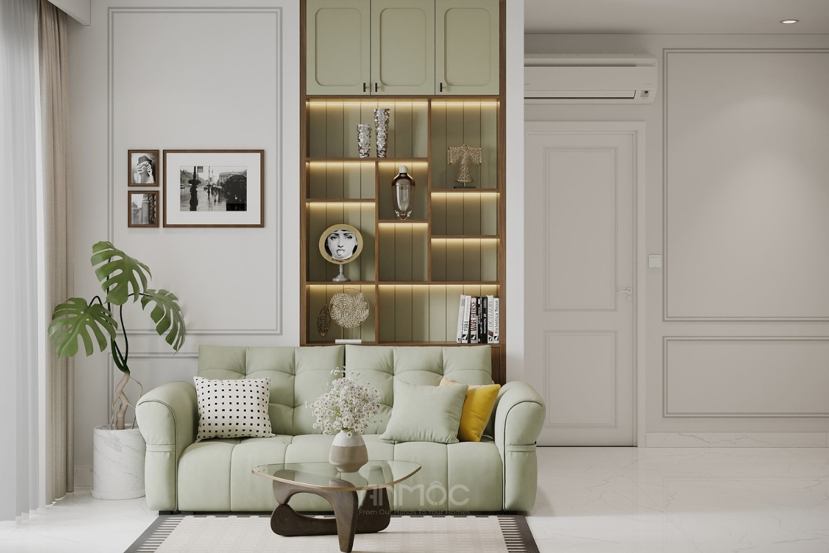 Tủ trang trí âm tường phía sau sofa tạo điểm nhấn thẩm mỹ, cực kỳ gọn gàng