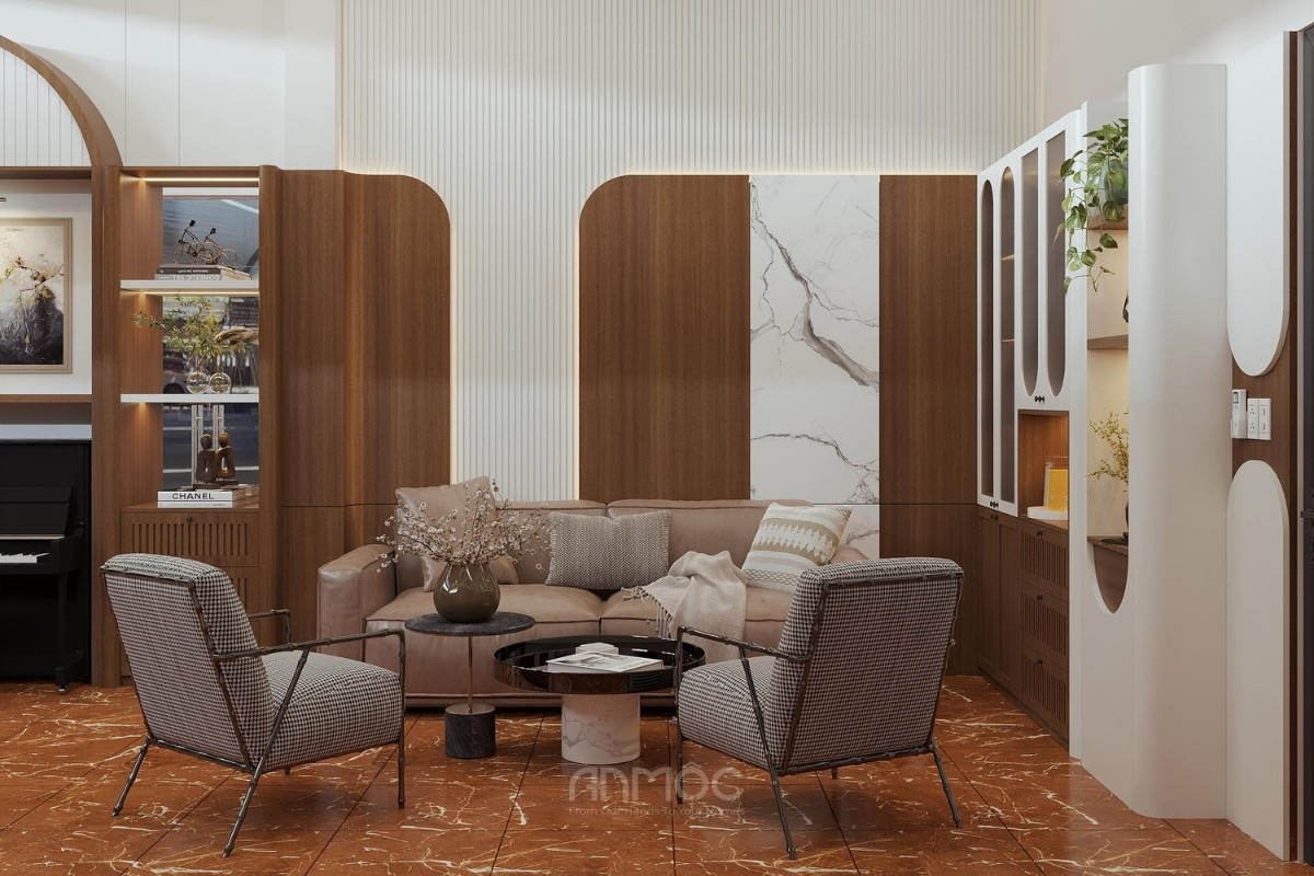 Vách sofa ấn tượng với sự kết hợp hài hòa giữa gỗ, đá cẩm thạch và ánh sáng LED hắt khe