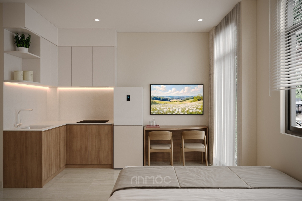 Đối diện giường ngủ là khu vực ăn uống và nấu nướng