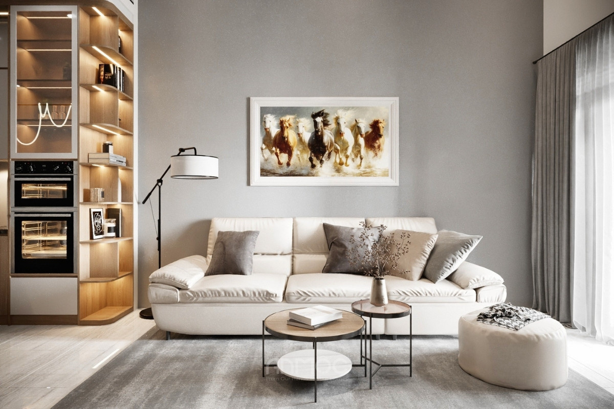Kệ đồ bằng gỗ tích hợp đèn chiếu sáng ấm áp bên cạnh chiếc sofa trắng làm nổi bật phòng khách