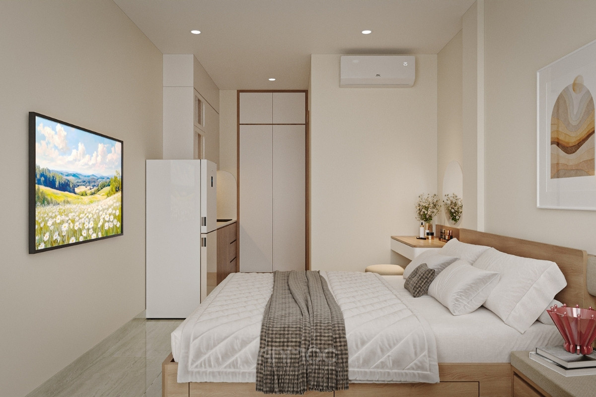 Phòng ngủ nhỏ thiết kế hiện đại với giường bục gỗ công nghiệp