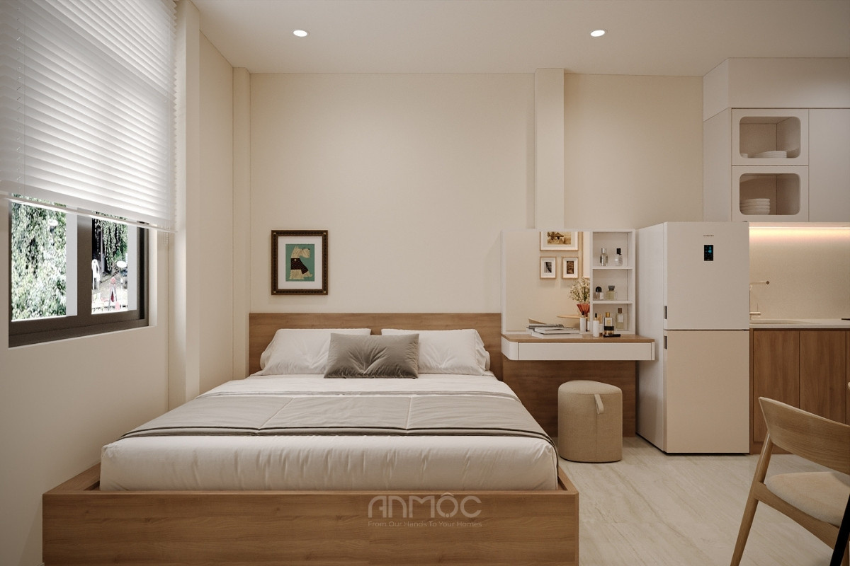 Phòng ngủ nhỏ thiết kế hiện đại với giường bục gỗ công nghiệp