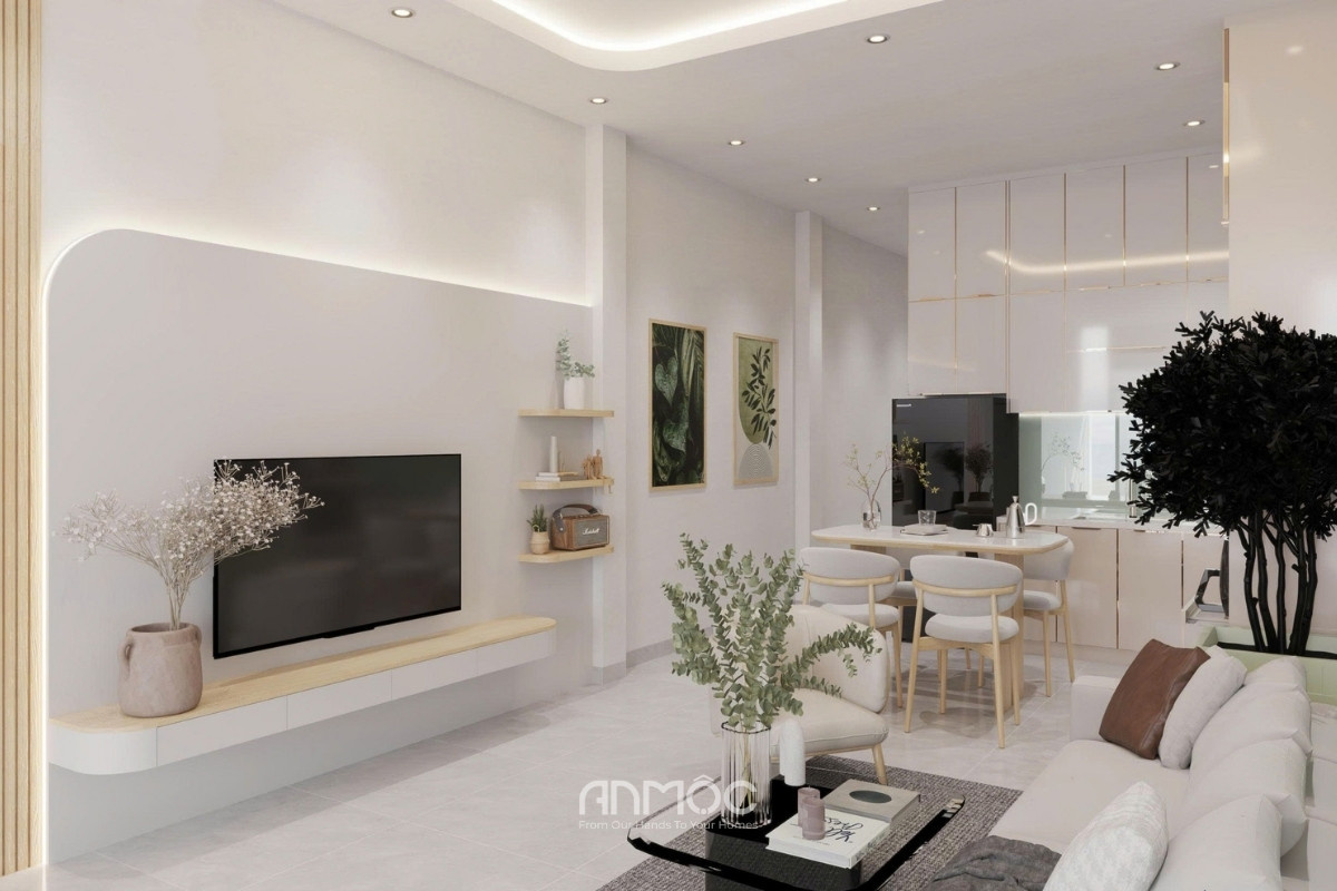 Hướng nhì từ cửa trước vào phòng khách và bếp
