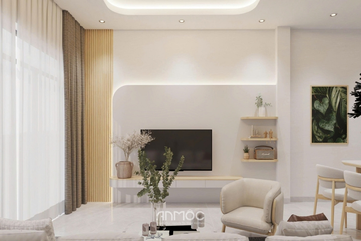 Kệ tivi treo tường kết hợp vách trang trí bo cong và lam gỗ