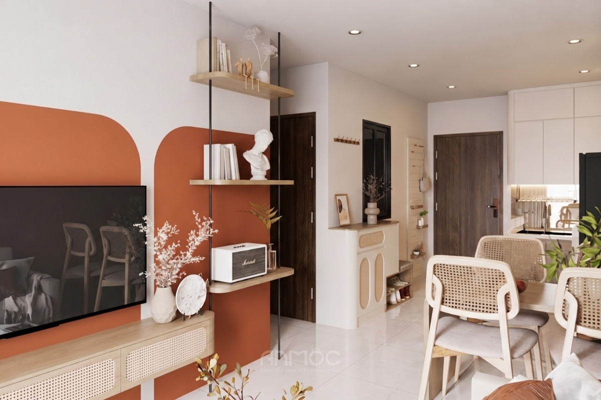 Kệ trang trí mở nhiều tầng, nơi bày biện sách và những món decor nhỏ xinh