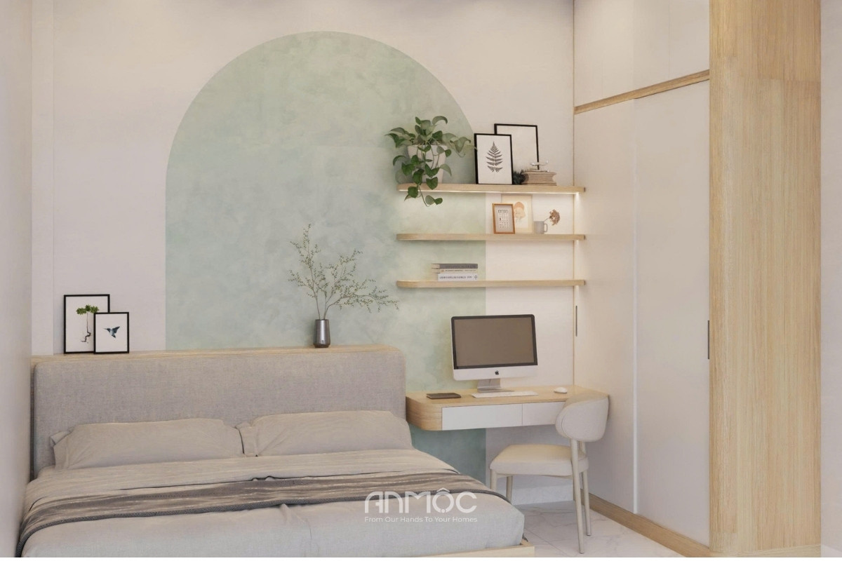 Phòng ngủ với sơn hiệu ứng bo cong bên cạnh đó tủ quần áo âm tường kịch trần giúp tiết kiệm diện tích