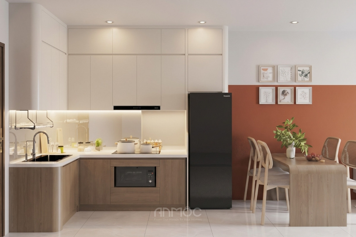 Tủ bếp thiết kế chữ L kịch trần giúp tiết kiệm diện tích